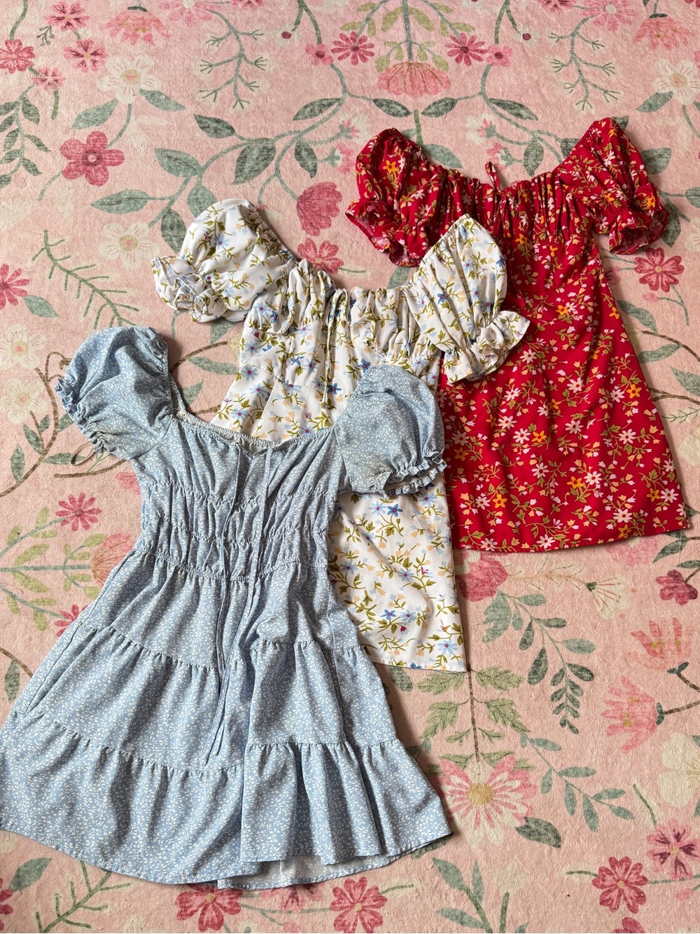 3 Floral Milkmaid Prairie Dresses Cottagecore Puff Sleeve Bundle